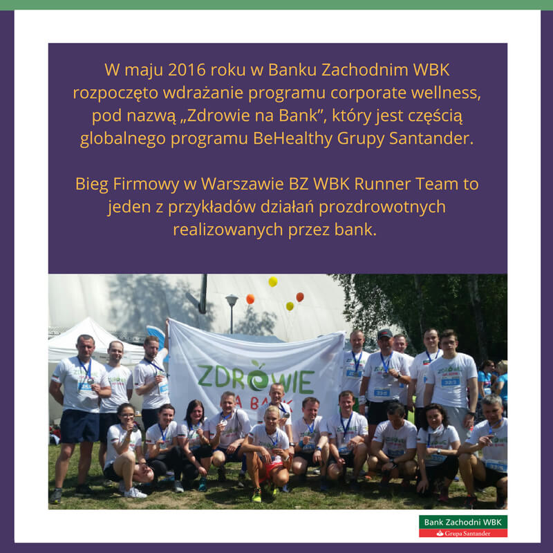 Grafika z fotografią grupy ludzi po biegu z medalami w dolnej części i tekstem na fioletowym tle w górnej części, opisujący wydarzenie biegowe.