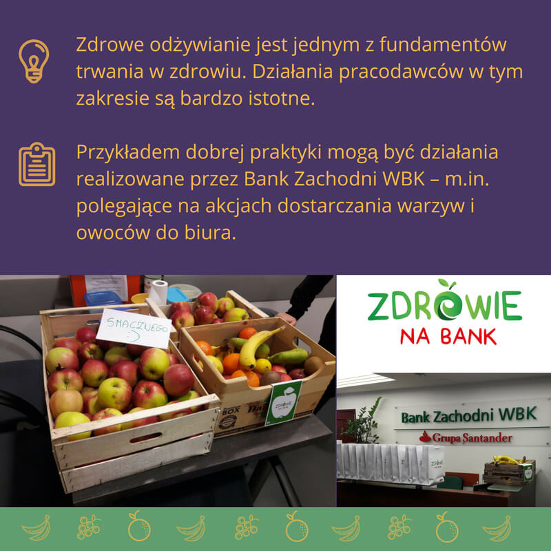 Grafika z fotografią w dolnej części przedstawiającą skzynki z owocami, w górnej części tekst na fioletowym tle z informacją o zdrowym odżywianiu i dobrych praktykach w banku zachodnim wbk.